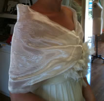 gorgeous white gold silk organza wrap created to cover the bride's shoulders and artistically compliment the gown