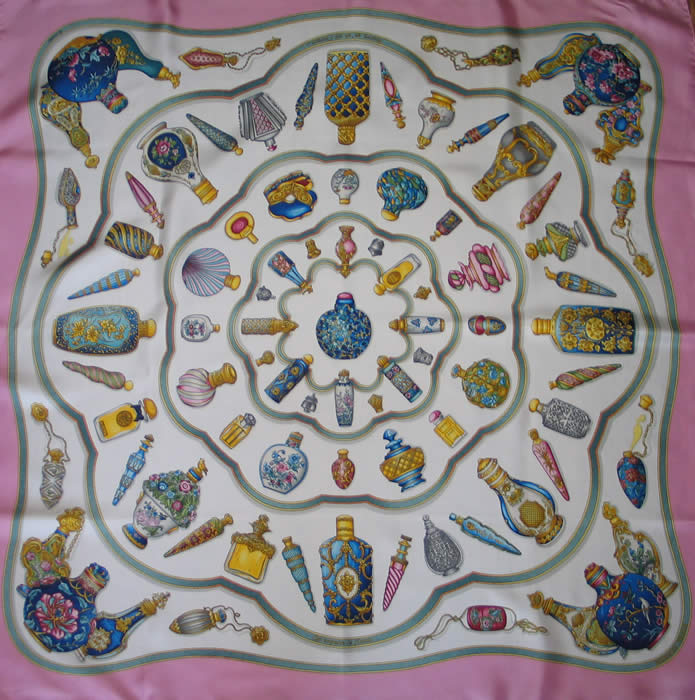 Ornate perfume bottles decorate this adorable Hermes scarf